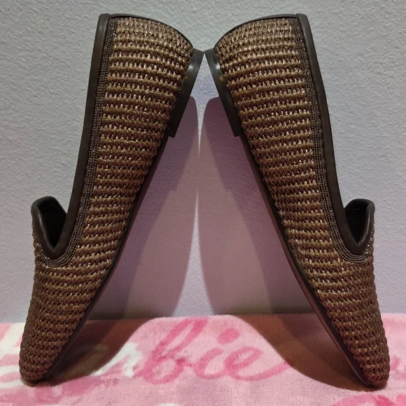 Women's Brunello Cucinelli Brown Leather Trimmed Raffia Slippers, Size 37 - Picture 7 of 10